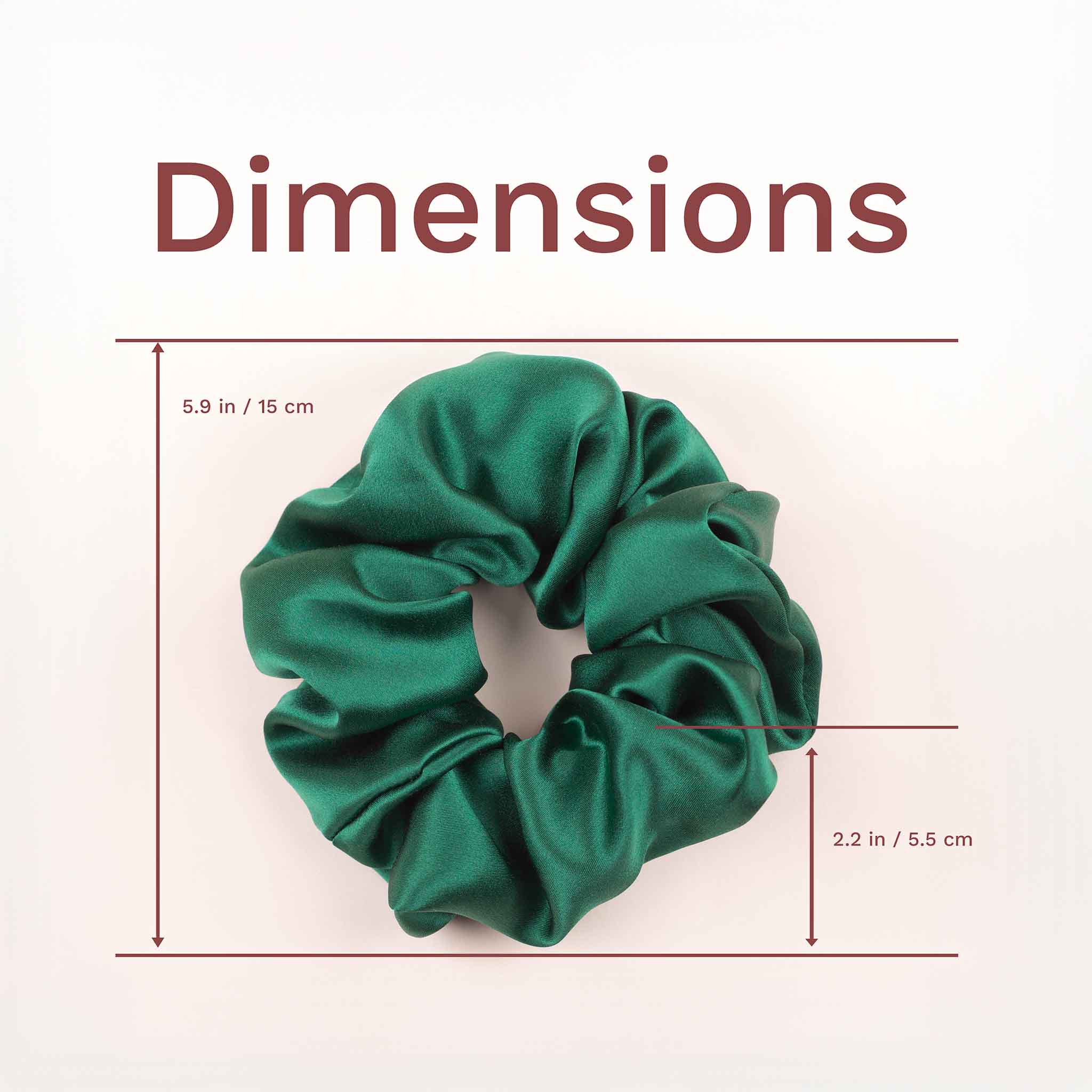 Dimensions of the large silk scrunchie measures 5.9 inches (15 cm) in height, and 2.2 inches (5.5 cm) in fabric width.
